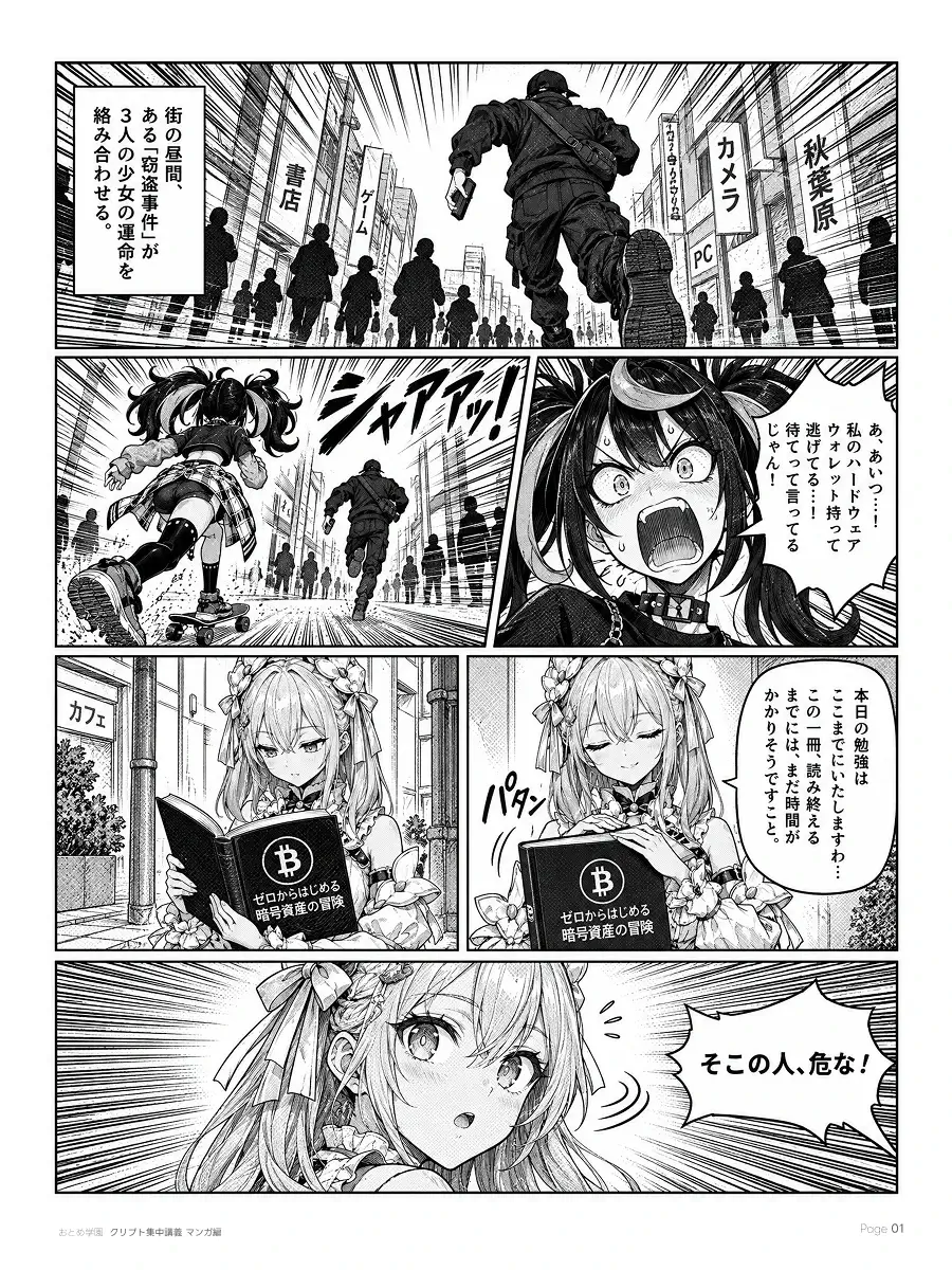 おとめ学園 クリプト集中講義 漫画編 第0話 1ページ目。秋葉原の街。ハードウェアウォレットを奪った男が走り去り、スケートボードの少女が追いかける。カフェの前で本を読んでいた令嬢風の少女が顔を上げる。