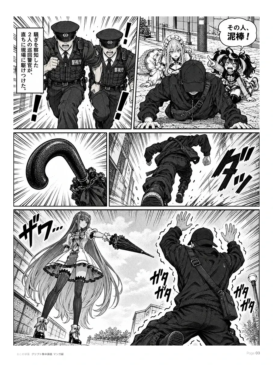 おとめ学園 クリプト集中講義 漫画編 第0話 3ページ目。騒ぎを聞きつけた巡回警官が到着。日傘の少女が傘を突きつけ、犯人は両手を上げて震える。
