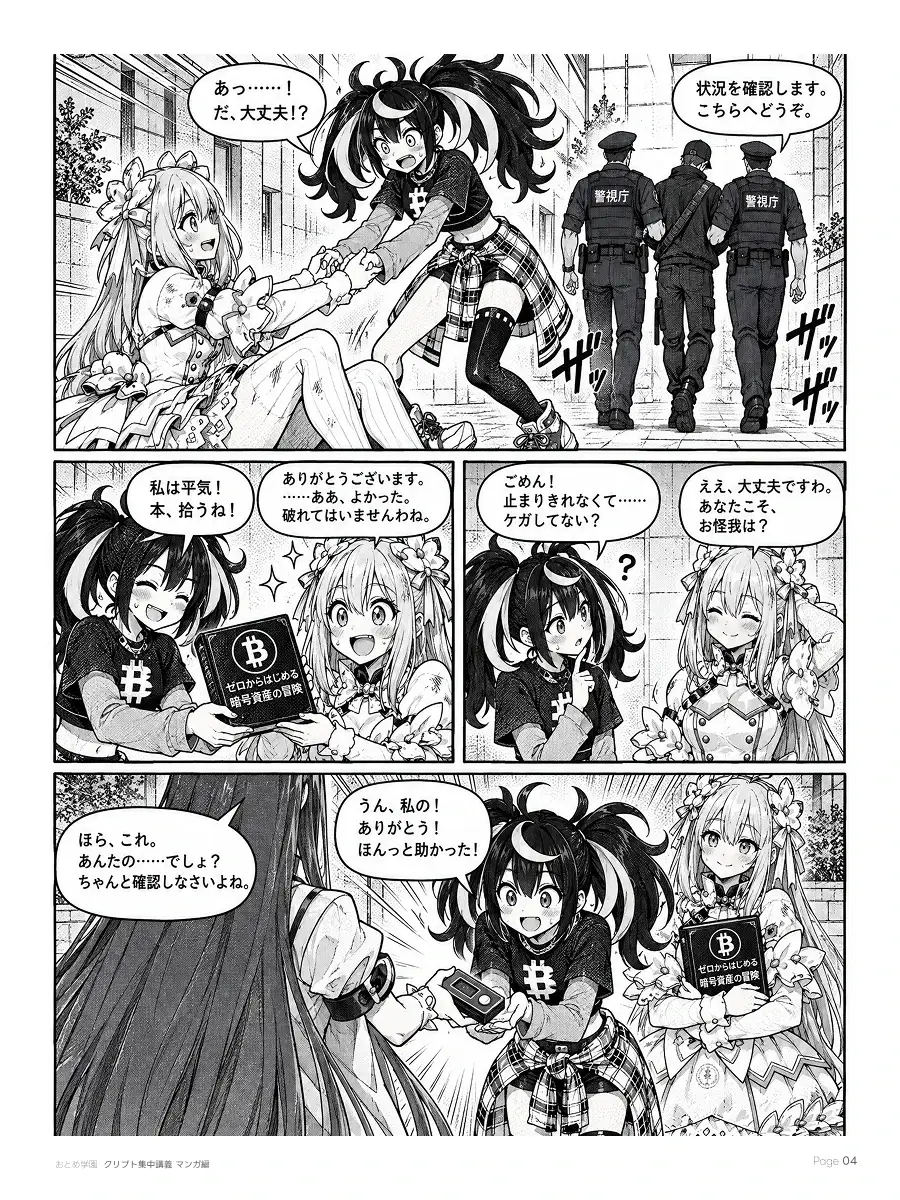 おとめ学園 クリプト集中講義 漫画編 第0話 4ページ目。警官が犯人を連れていく。三人は互いに怪我がないかを確かめ、落とした本とウォレットを拾い合う。