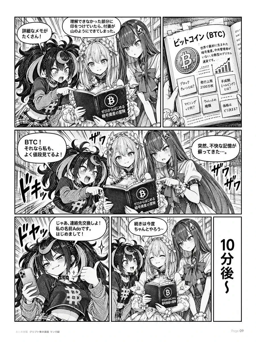 おとめ学園 クリプト集中講義 漫画編 第0話 9ページ目。三人で入門書を開き、ビットコインの基礎ページを確認する。その場で連絡先を交換する。