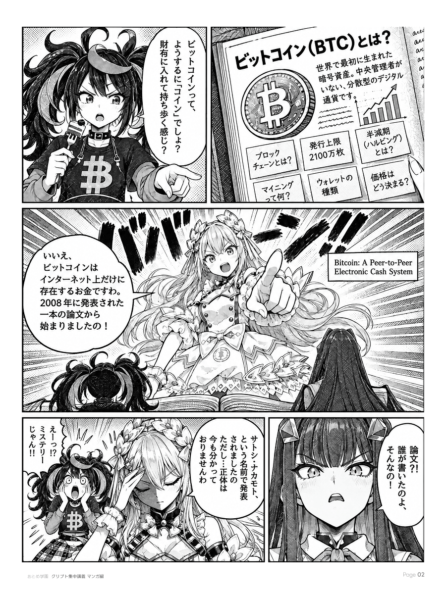 おとめ学園 クリプト集中講義 漫画編 第1話 2ページ目。ビットコインは手に持つ硬貨ではなく、インターネット上に存在するお金だと説明される。2008年の論文と、その著者サトシ・ナカモトの話をする。