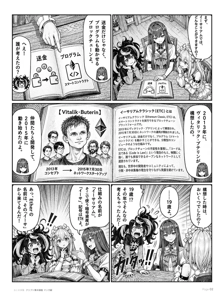 おとめ学園 クリプト集中講義 漫画編 第2話 2ページ目。イーサリアムは送金だけでなく、プログラム（スマートコントラクト）も動かせるブロックチェーン。2013年にヴィタリック・ブテリンが構想し、2015年7月30日にネットワークが動き始めた。当時19歳と聞いてAdoが驚く。仕組みの名前がイーサリアム、そこで使う暗号資産がイーサ、記号はETH。