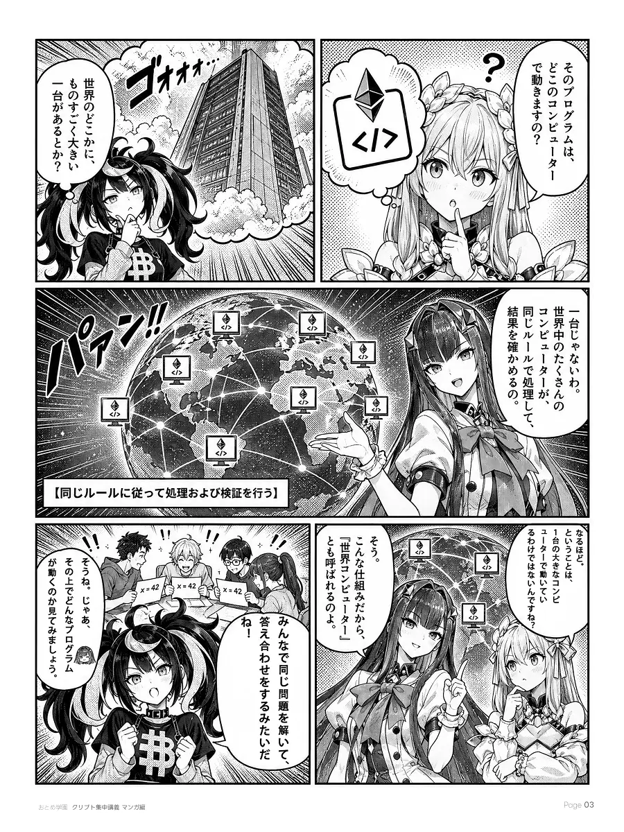 おとめ学園 クリプト集中講義 漫画編 第2話 3ページ目。そのプログラムはどこのコンピューターで動くのか。一台ではなく、世界中のたくさんのコンピューターが同じルールで処理して結果を確かめ合う。だから「世界コンピューター」とも呼ばれる。Adoは「みんなで同じ問題を解いて答え合わせをするみたい」と言い換える。