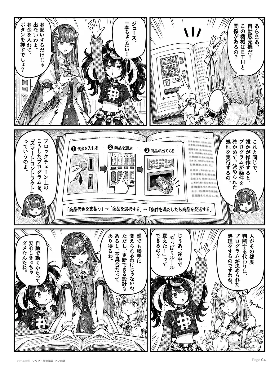 おとめ学園 クリプト集中講義 漫画編 第2話 4ページ目。自動販売機のたとえ。代金を入れ、商品を選び、条件を満たせば商品が出てくる。これと同じく、誰かが操作すると条件を確かめて決められた処理を実行するのがスマートコントラクト。途中で勝手にルールは変えられないが、更新できる設計もあるし、不具合もあり得る。