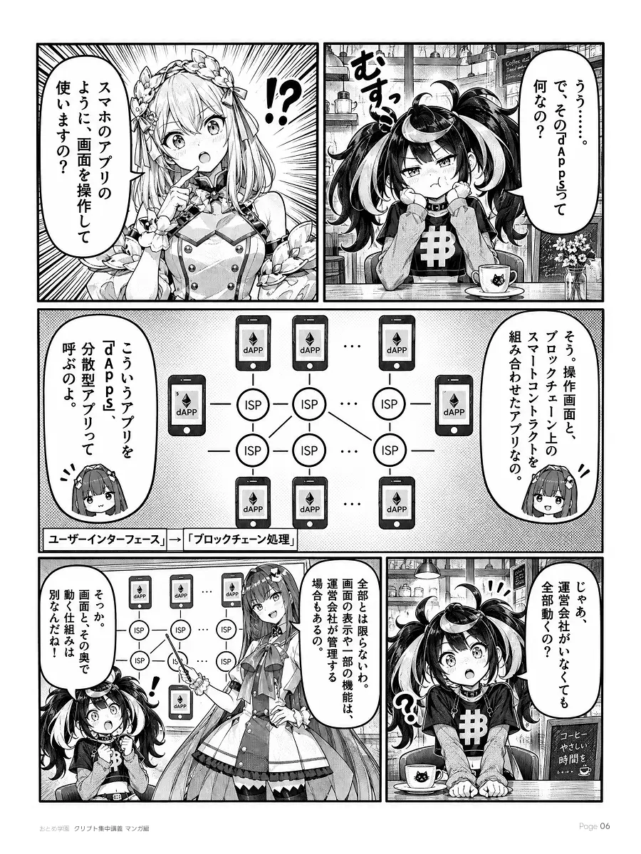おとめ学園 クリプト集中講義 漫画編 第2話 6ページ目。dAppsとは、操作画面とブロックチェーン上のスマートコントラクトを組み合わせた分散型アプリ。「ユーザーインターフェース」から「ブロックチェーン処理」へつながる。運営会社がいなくても全部が動くとは限らず、画面や一部の機能を運営会社が管理する場合もある。
