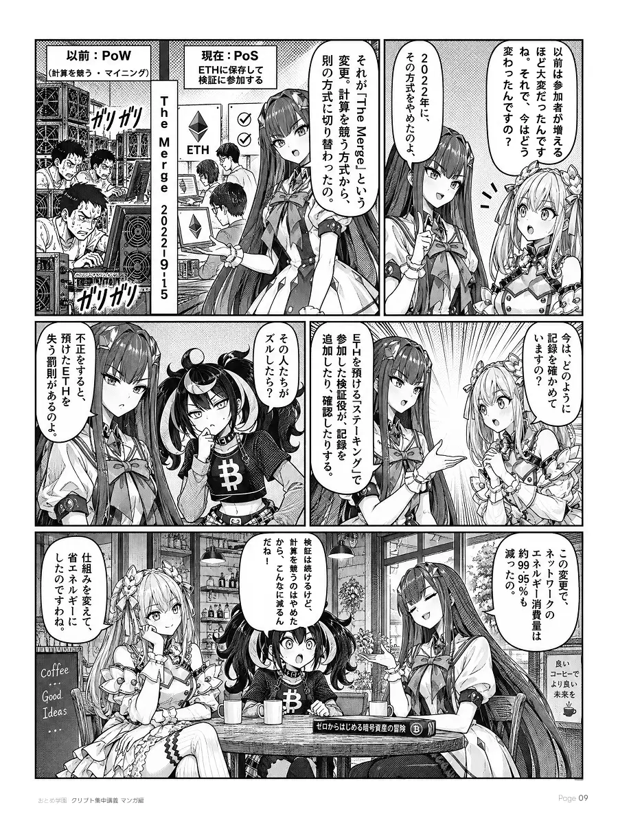 おとめ学園 クリプト集中講義 漫画編 第2話 9ページ目。2022年9月15日の「The Merge」で、計算を競うPoW（マイニング）から、ETHを預けて検証に参加するPoSへ切り替わった。ETHを預ける「ステーキング」で検証役に加わり、不正をすると預けたETHを失う罰則がある。この変更でネットワークのエネルギー消費量は約99.95%減った。