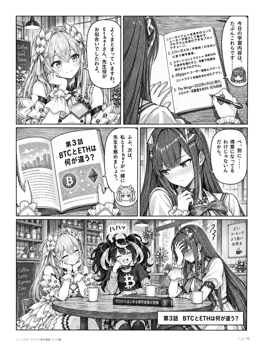 おとめ学園 クリプト集中講義 漫画編 第2話 10ページ目。Etherが今日の学習内容をノートにまとめる。イーサリアム、ETHとガス代、スマートコントラクト、dApps、The Merge。BITに先生役を褒められてEtherは照れる。次回は第3話「BTCとETHは何が違う？」、BITとEtherが一緒に先生を務める。