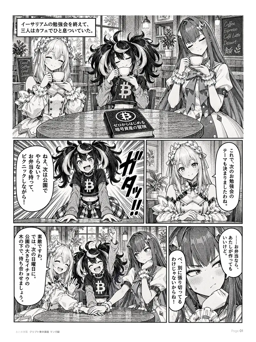 おとめ学園 クリプト集中講義 漫画編 第3話 1ページ目。イーサリアムの勉強会を終え、カフェでひと息つく三人。Adoが「次は公園でお弁当を持ってピクニックしながらやらない？」と身を乗り出す。BITは次の日曜日、公園の大きなイチョウの木の下で待ち合わせようと決め、Etherは「お弁当なら作ってもいいけど、別に張り切ってるわけじゃない」と顔をそむける。