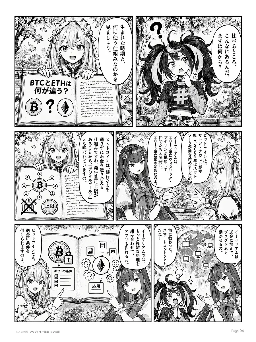 おとめ学園 クリプト集中講義 漫画編 第3話 4ページ目。まず生まれた時期と使い道を比べる。ビットコインはサトシ・ナカモトが考案し2009年に動き始めた、銀行などを通さずにお金を送り合える仕組みで、発行量に上限があることから「デジタルゴールド」とも呼ばれる。イーサリアムは2013年にヴィタリック・ブテリンが構想し、2015年に動き始めた。送金に加えてプログラムも動かせる。ビットコインでも送金に条件を付けられるが、イーサリアムではもっと複雑な処理を組み合わせてアプリも作れる。