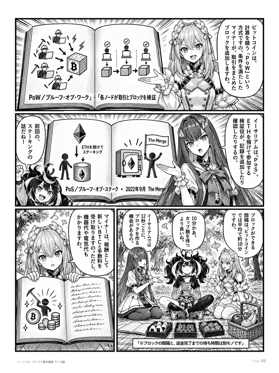 おとめ学園 クリプト集中講義 漫画編 第3話 5ページ目。取引を支える方式の違い。ビットコインは計算を競うPoWで、マイナーが取引をまとめたブロックを追加する。イーサリアムは2022年9月のThe Merge以降、ETHを預けて参加する検証役が記録を追加するPoS。マイナーは報酬として新しいBTCと手数料を受け取るが、機器代や電気代もかかる。ブロックの間隔はビットコインが平均約10分、イーサリアムは12秒ごとに作る機会がある。ブロックの間隔と送金完了までの待ち時間は別もの。