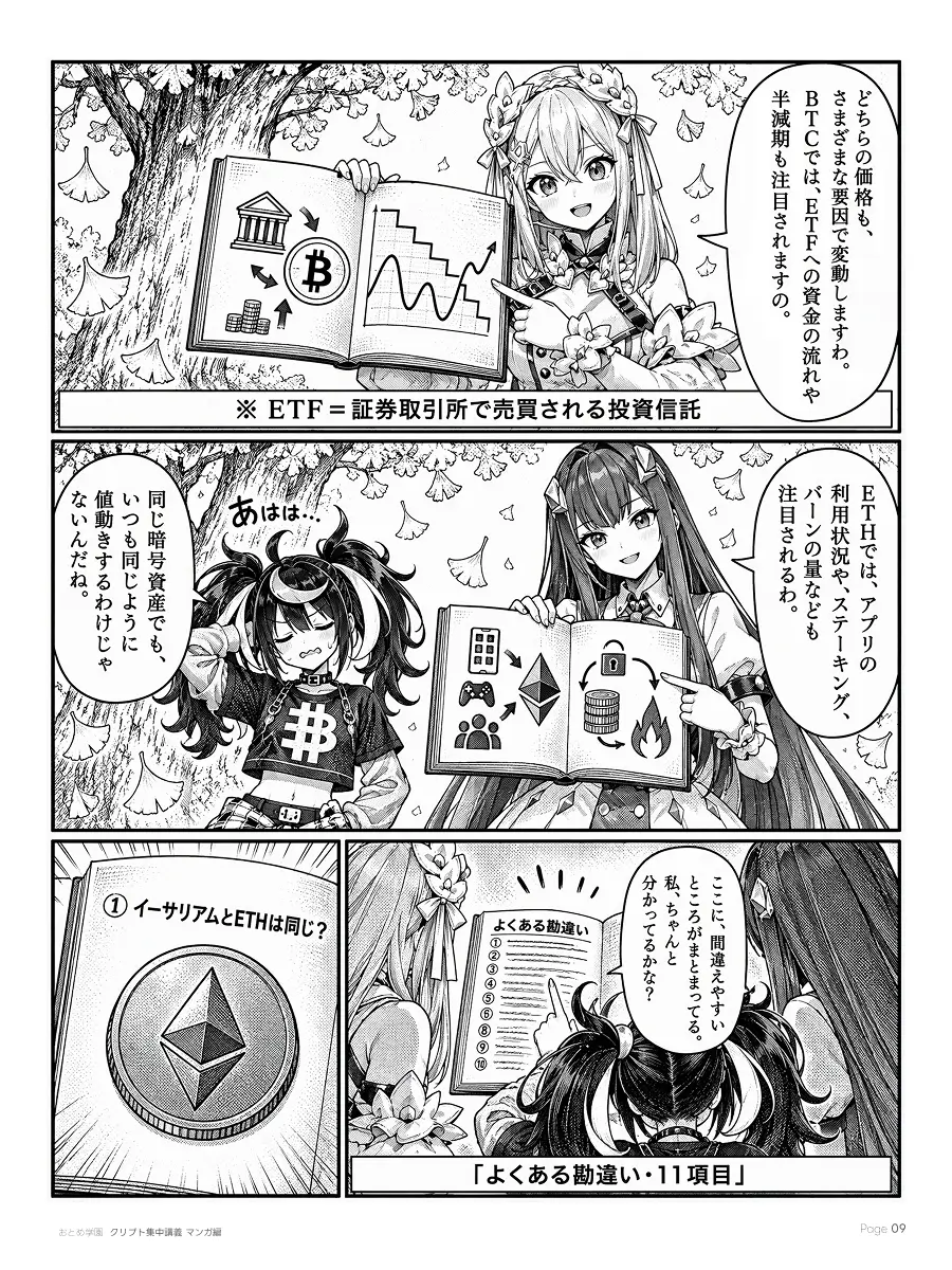 おとめ学園 クリプト集中講義 漫画編 第3話 9ページ目。どちらの価格もさまざまな要因で変動する。BTCではETF（証券取引所で売買される投資信託）への資金の流れや半減期、ETHではアプリの利用状況やステーキング、バーンの量なども注目される。同じ暗号資産でも同じように値動きするわけではないとAdoが受け止め、入門書の「よくある勘違い・11項目」を確かめはじめる。最初は「イーサリアムとETHは同じ？」。