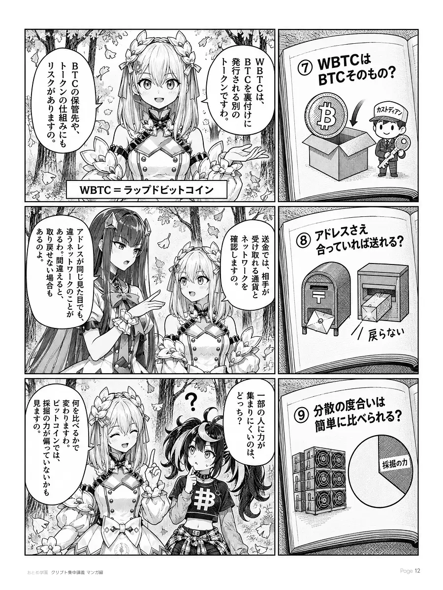 おとめ学園 クリプト集中講義 漫画編 第3話 12ページ目。⑦WBTC（ラップドビットコイン）はBTCを裏付けに発行される別のトークンで、BTCの保管先やトークンの仕組みにもリスクがある。⑧送金では相手が受け取れる通貨とネットワークを確認する。アドレスが同じ見た目でも違うネットワークのことがあり、間違えると取り戻せない場合もある。⑨分散の度合いは何を比べるかで変わり、ビットコインでは採掘の力が偏っていないかも見る。
